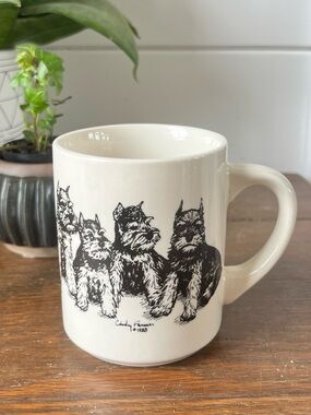 vintage porcelain mug, Schnauzer dogs illustration by artist Cindy Farmer